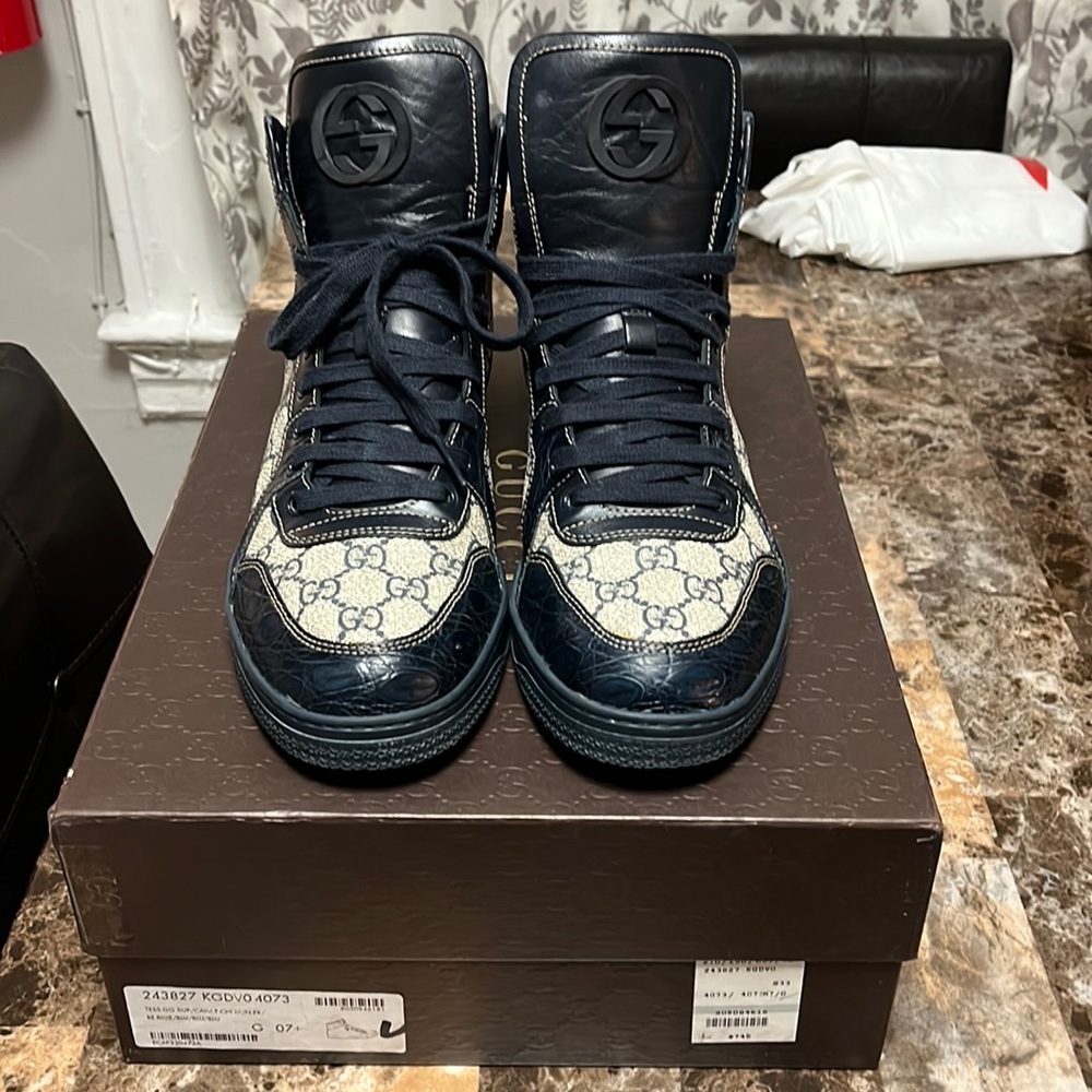 Gucci GG Supreme Crocodile Trim High Top Sneaker Size 071/2G